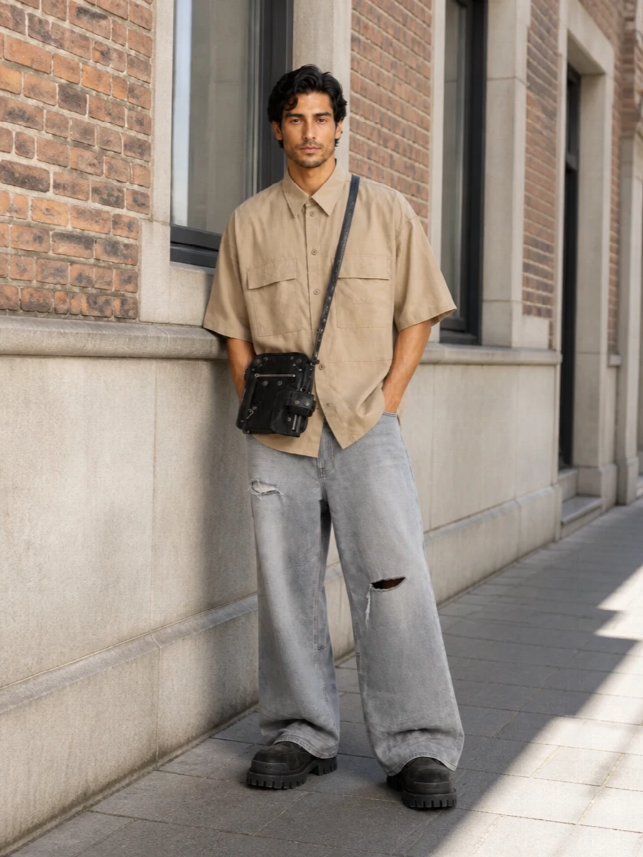 Balenciaga oversized shirt wide leg jeans outfit