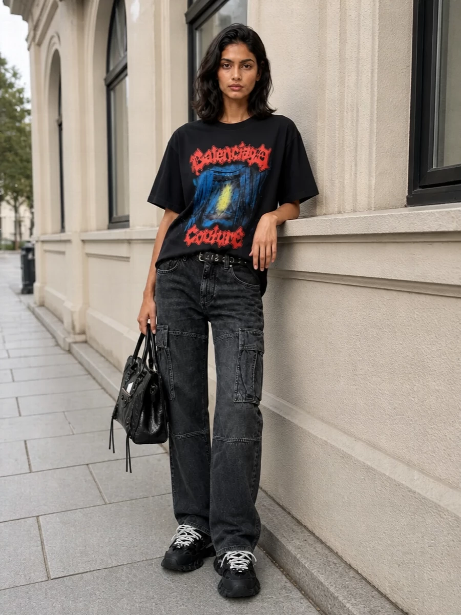 Balenciaga graphic tshirt cargo jeans sneakers