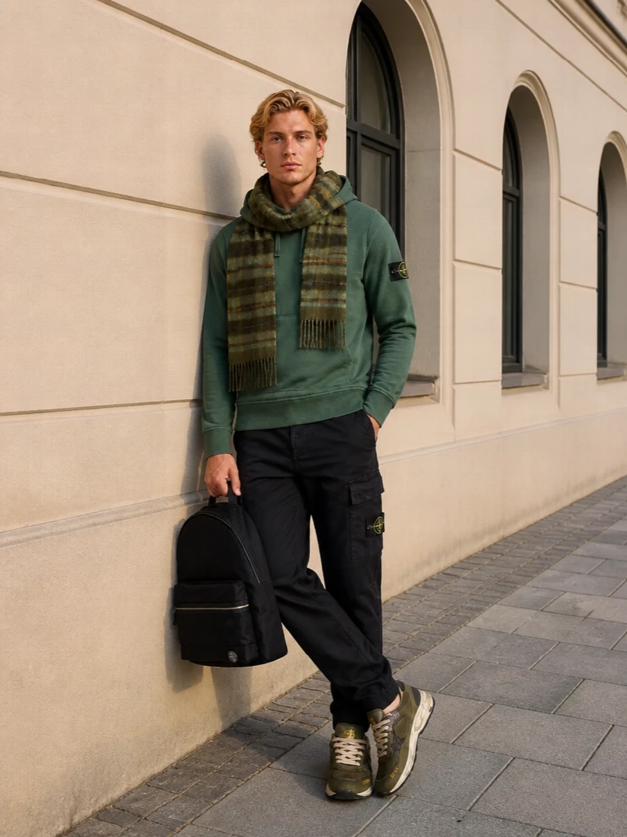 Stone island hoodie cargo pants golden goose sneakers