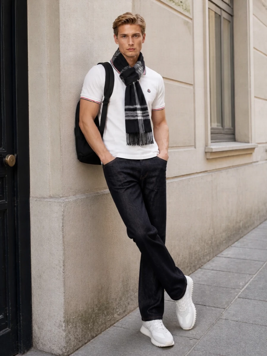 This look centres the crisp white Moncler polo against dark-rinse straight-leg denim for a polished, off-duty take on preppy sportswear. Ice-white technical runners keep the line modern and light, while a matte-black backpack and charcoal check scarf add functional, quietly luxurious finishing touches. It’s an easy FW uniform that feels sharp enough for the city yet relaxed for weekends away.
