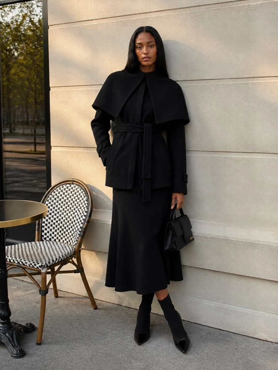 I’m taking the dress route here, using a sculpted black midi as a pure, vertical base that lets the charcoal cape‑front coat do the architectural talking. The sock‑fit kitten‑heel boots and compact top‑handle bag keep everything sharp and streamlined, so the whole outfit reads considered, modern and ready for city evenings in cooler weather.