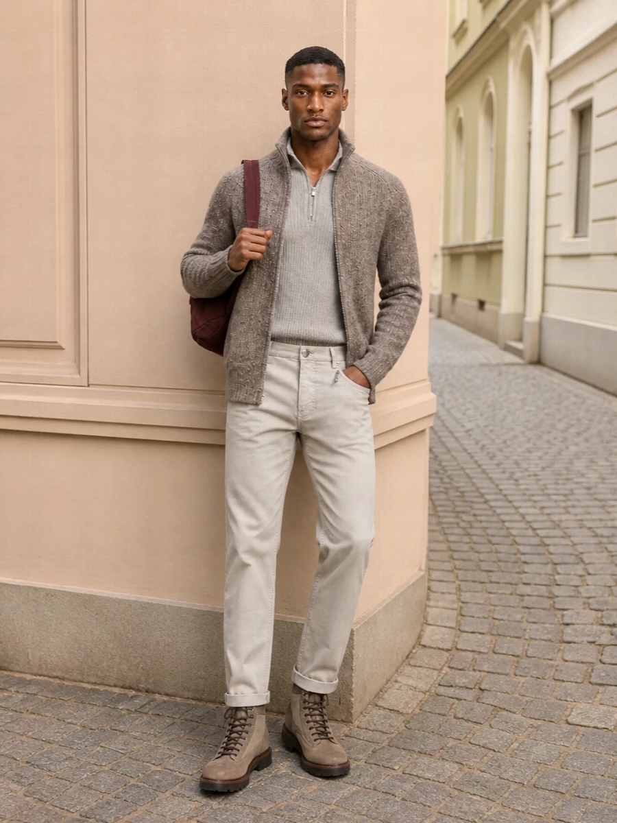 Brunello cucinelli taupe cardigan coat outfit