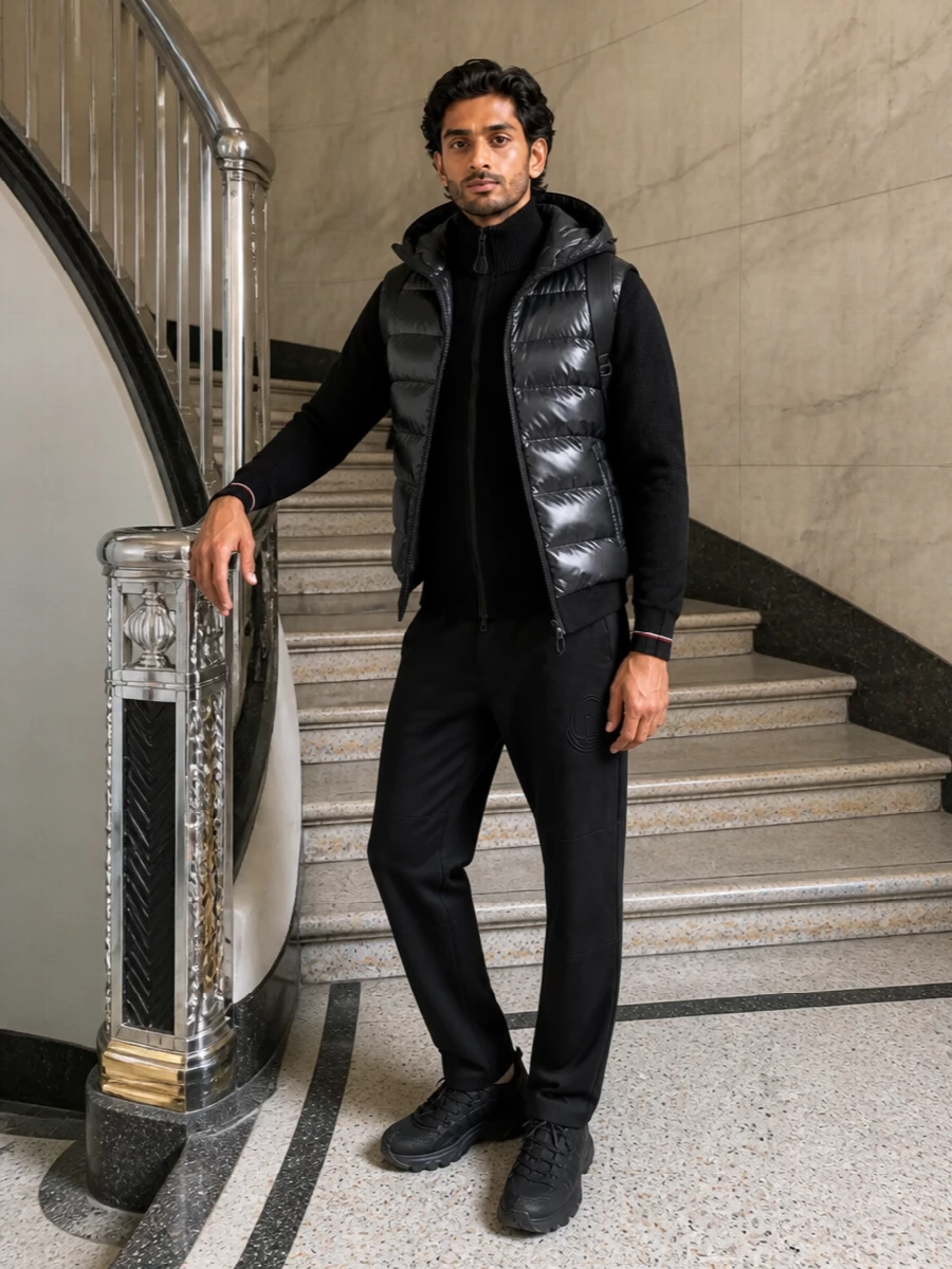 Moncler’s hooded hybrid jacket sits over a sleek black zip turtleneck, straight-leg technical trouser and matching trail sneakers for a monochrome city-ready winter uniform. The result is sharp, sport-informed and practical, with a structured backpack that completes the quiet Alpine performance story without breaking the palette.