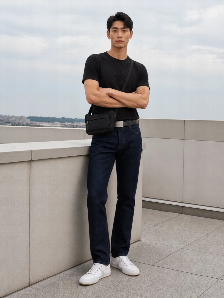 A black Gucci crest tee, dark indigo straight denim and a slim white sneaker read as quietly precise rather than casual. The slim belt and low-profile crossbody add just enough structure and logo detail without crowding the silhouette. It is clean, city-ready dressing that can run from daytime errands to low-key dinners with zero effort.