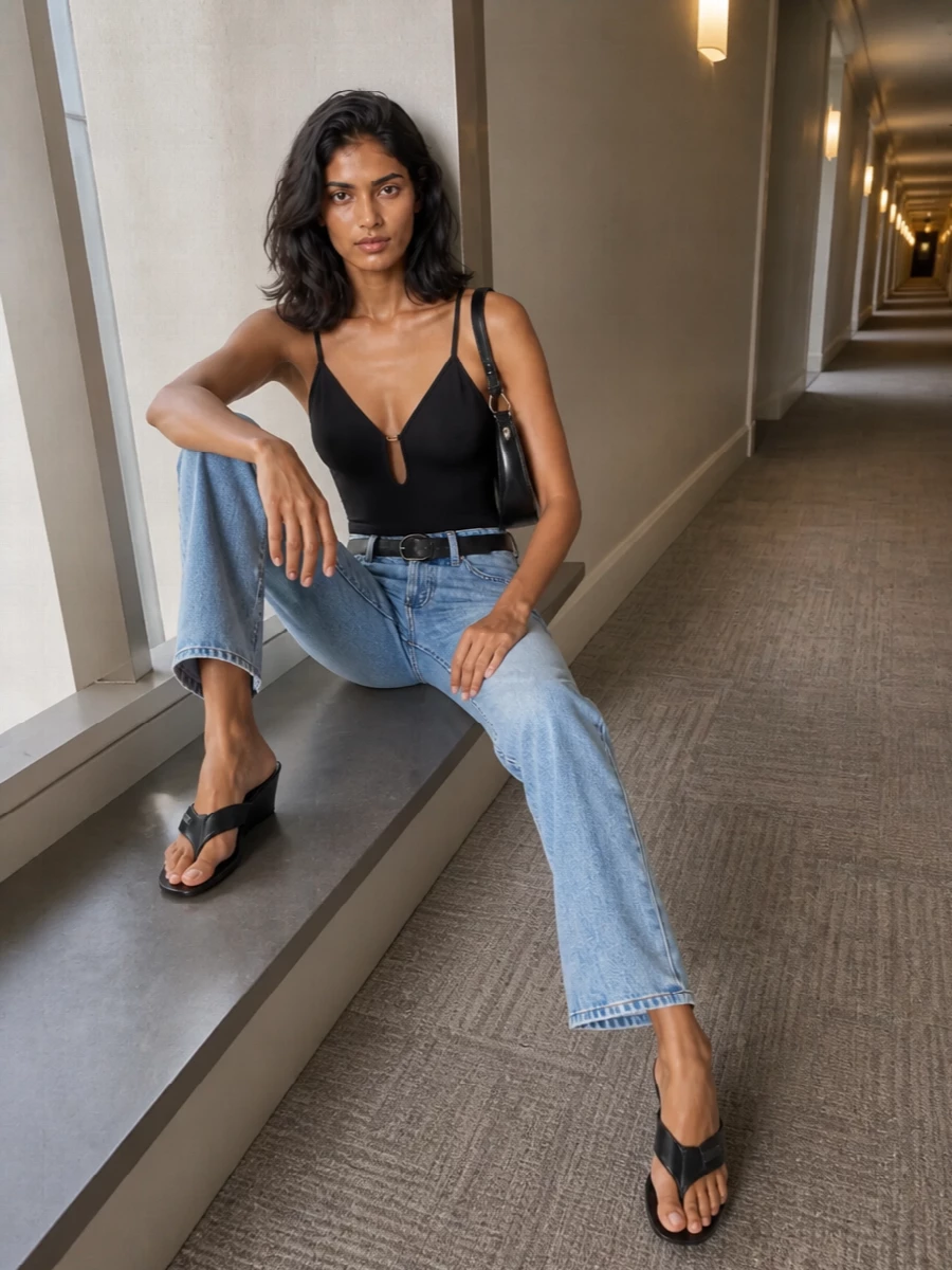 Diesel black bodysuit light wash jeans outfit