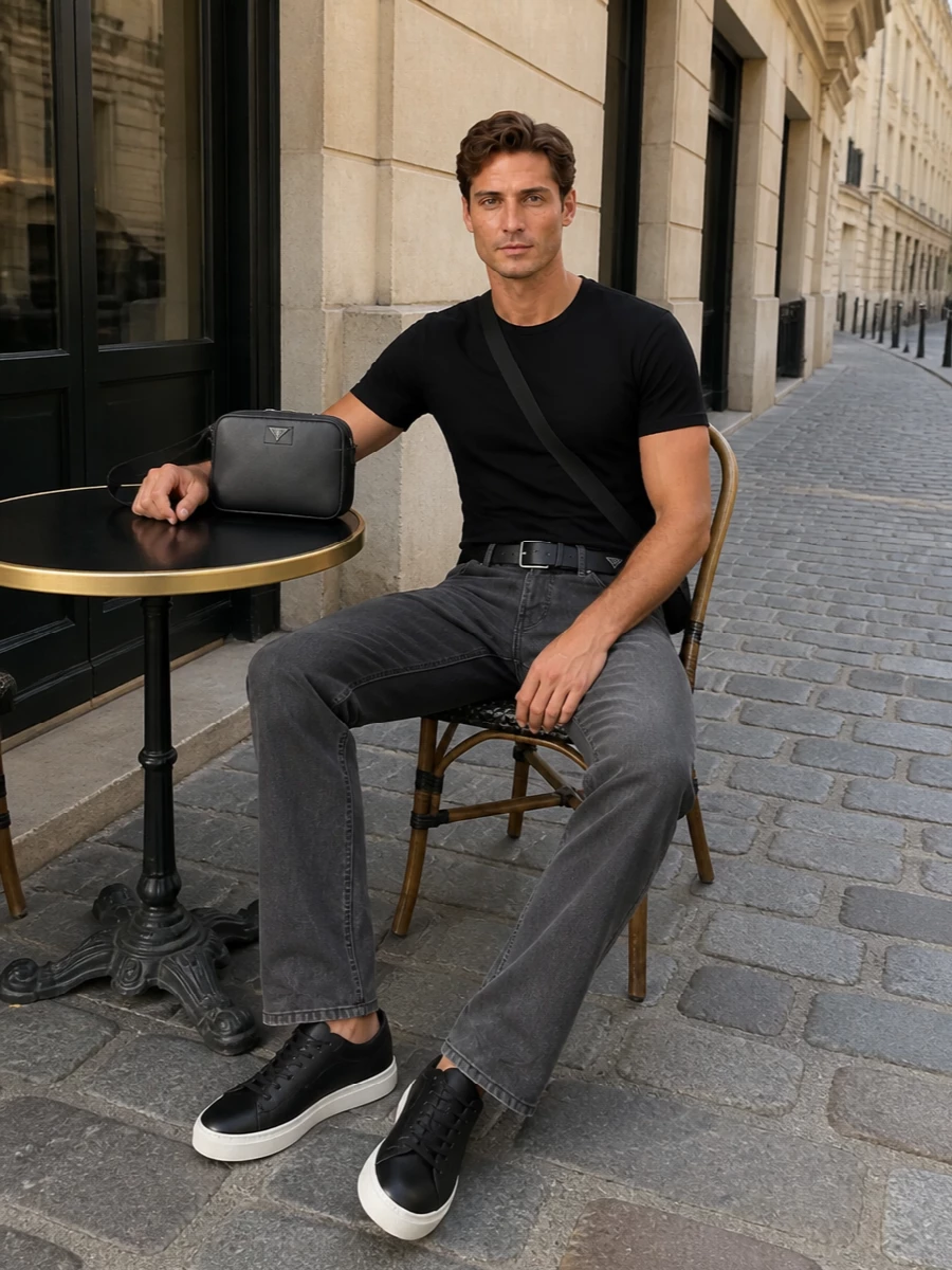 A black Armani tee sits over charcoal straight-leg trousers for a calm, tonal base that reads smart without trying. Black leather sneakers keep the line sleek but relaxed, while a compact crossbody and a precise belt add just enough structure for city days or low-key dinners.