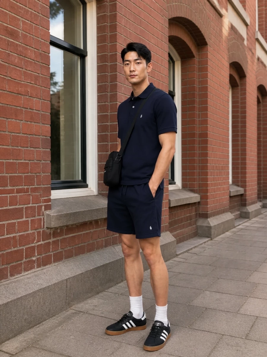 A deep navy polo sits over matching jersey shorts for a tight, almost monochrome base that feels relaxed but still considered. Black gum-sole Adidas sneakers keep the energy firmly in the skate and terrace world, while the Balenciaga crossbody brings a subtle designer edge that still reads casual. It is an easy warm‑weather uniform for city days when you want comfort and clear, minimal lines.