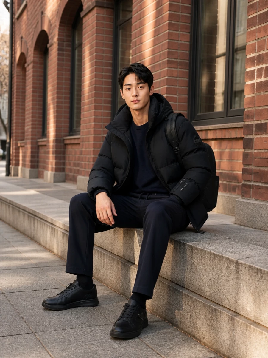 Armani navy puffer tailored joggers prada sneakers