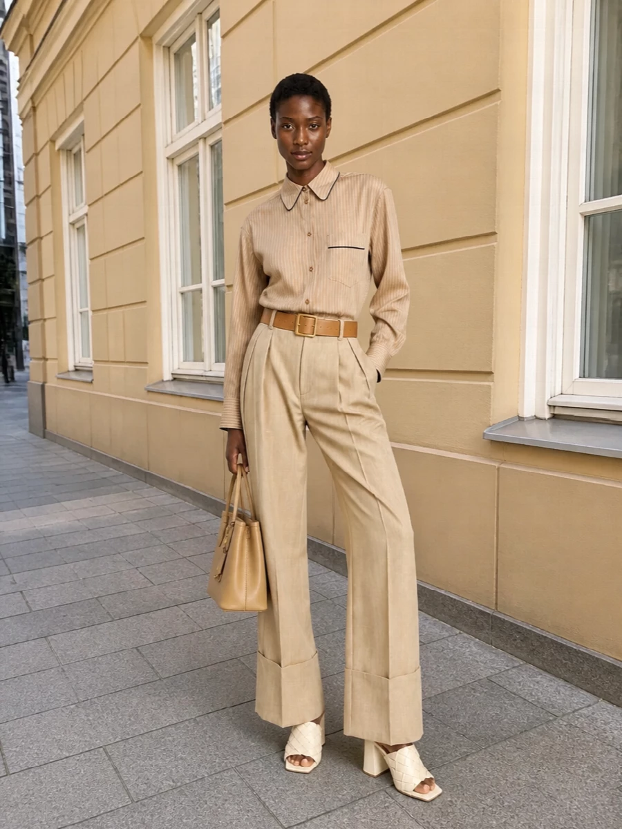 Victoria beckham camel trousers striped shirt outfit