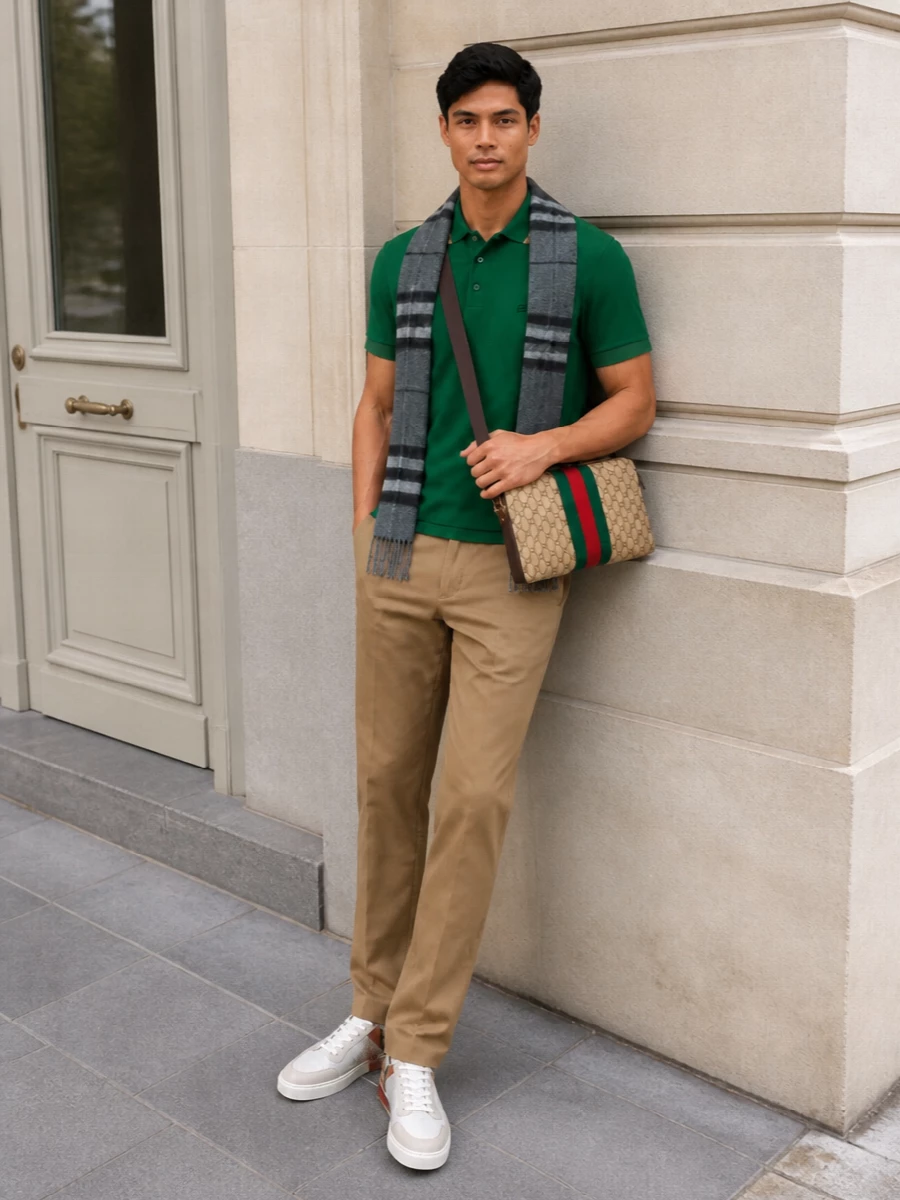 Burberry green polo camel trousers sneakers