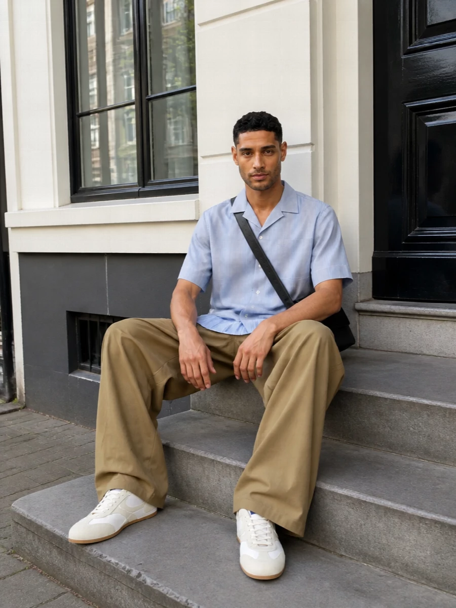 Pale blue stripes sit neatly against the tan wide-leg trouser, letting the unusual shirting waistband feel intentional rather than quirky. Off-white retro runners and a black crossbody keep everything grounded and practical while still reading designer. It is a relaxed city uniform with a precise play on volume and subtle color repetition.