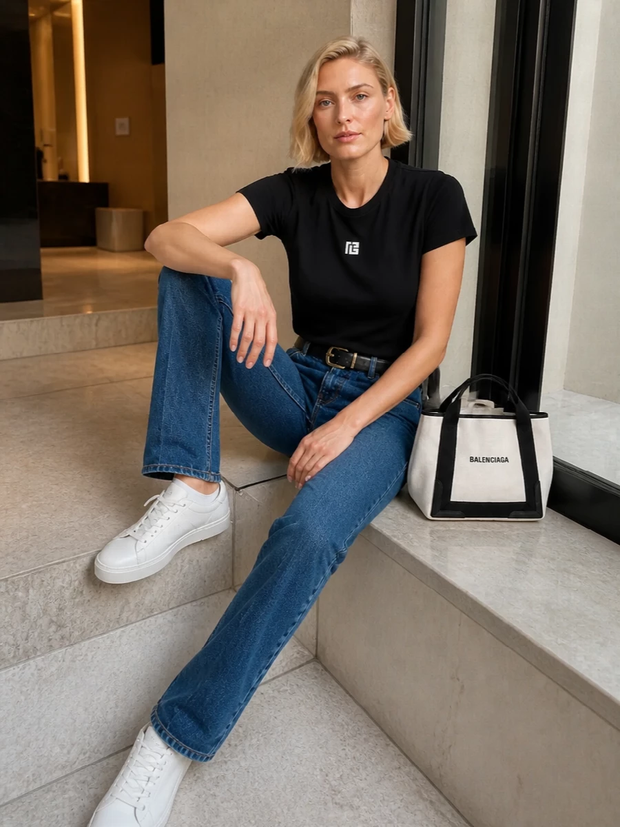Balmain black logo tee with straight jeans outfit