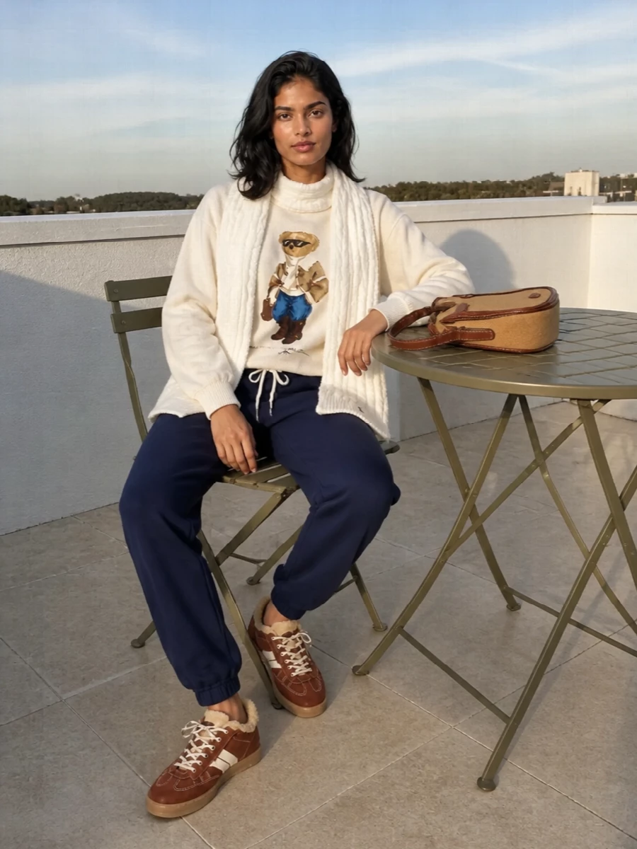 A cream bear-print sweatshirt meets clean navy joggers for a relaxed, preppy take on off-duty days. Rust suede sneakers and a camel shoulder bag echo the bear’s accessories, pulling warm browns through the palette with intent. A soft winter white cable scarf finishes the mix with a collegiate nod that feels ski-lodge ready yet city practical.