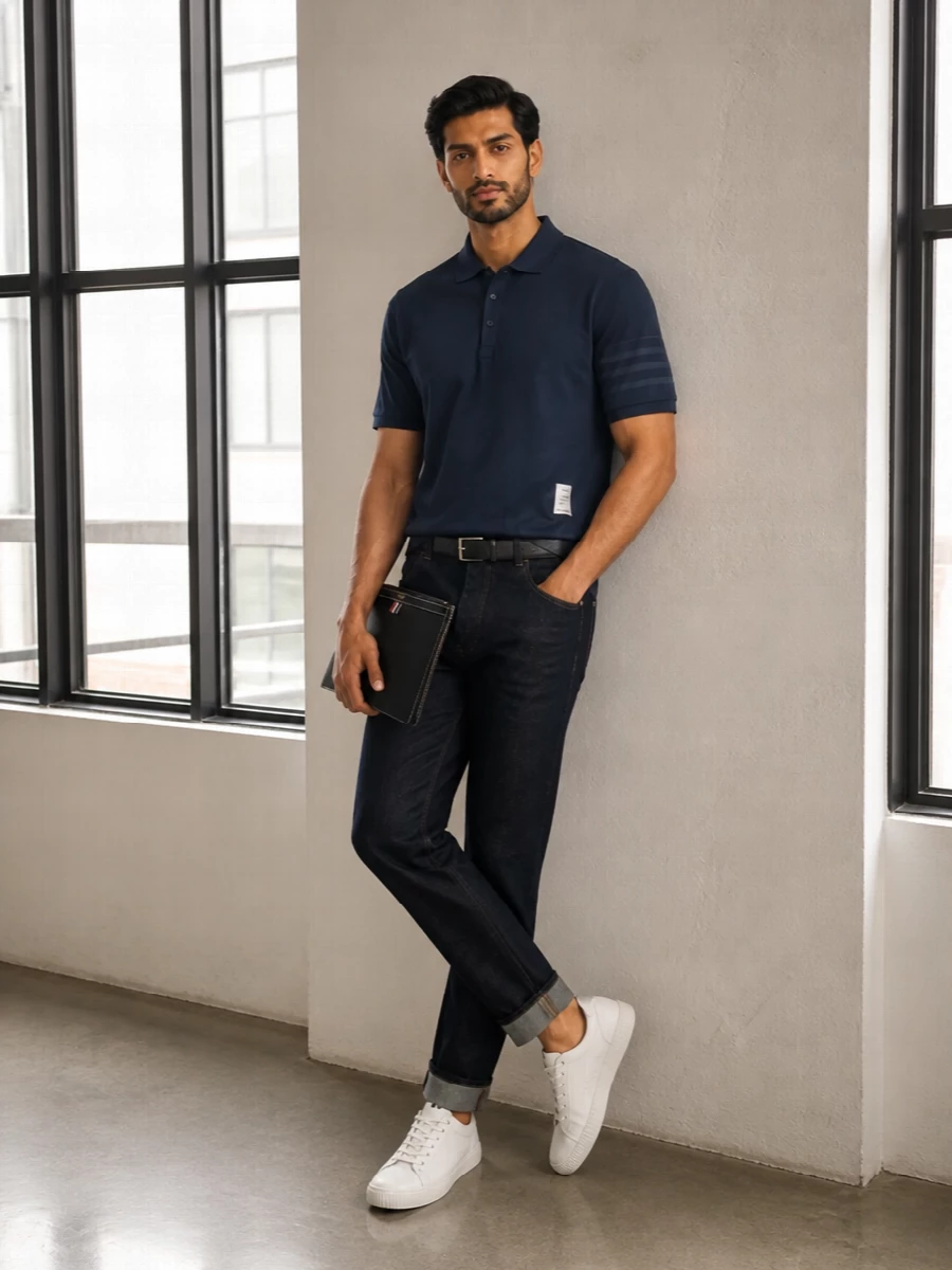 Indigo denim navy polo preppy outfit