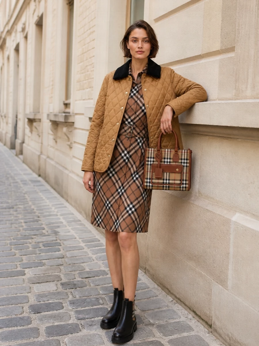 Burberry camel quilted jacket check shirt dress