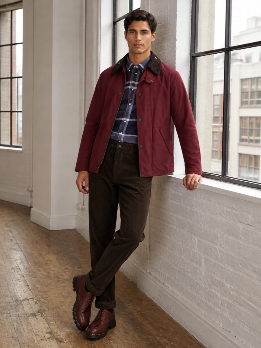Barbour burgundy jacket corduroy trousers outfit