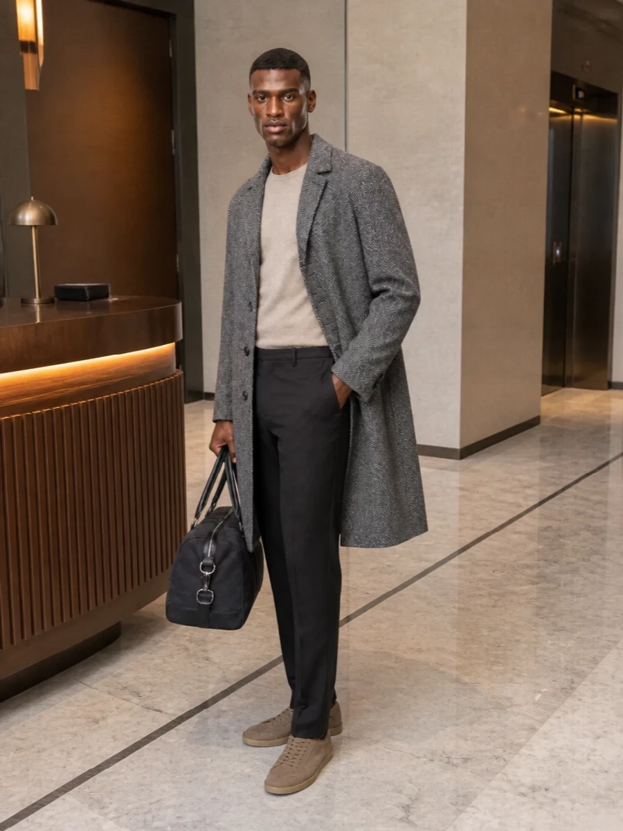 Zegna herringbone coat tailored trousers sneakers
