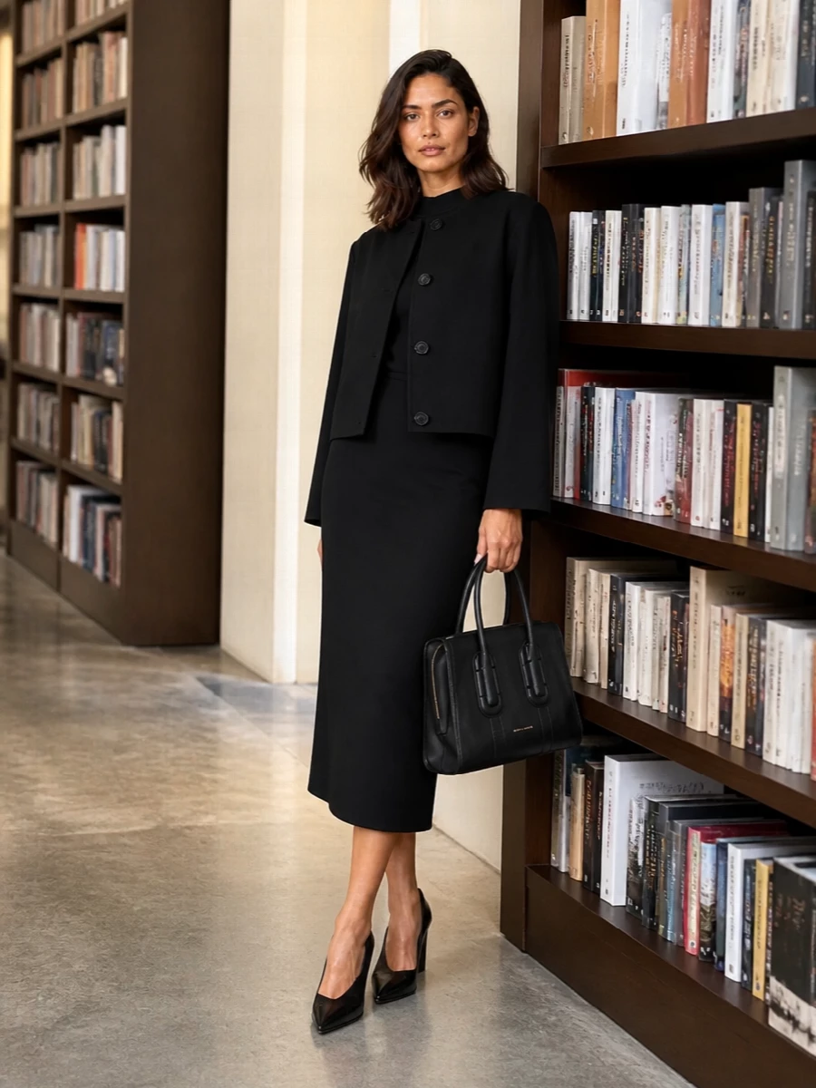 I am styling the cropped S Max Mara coat over the slim black Max Mara midi dress rather than a suit, so the coat becomes a precise, modern evening layer instead of one blazer among many. The clean black column, sharp pumps and structured top-handle bag create a quietly powerful city uniform that works from serious meetings to late dinner without a single distracting detail.