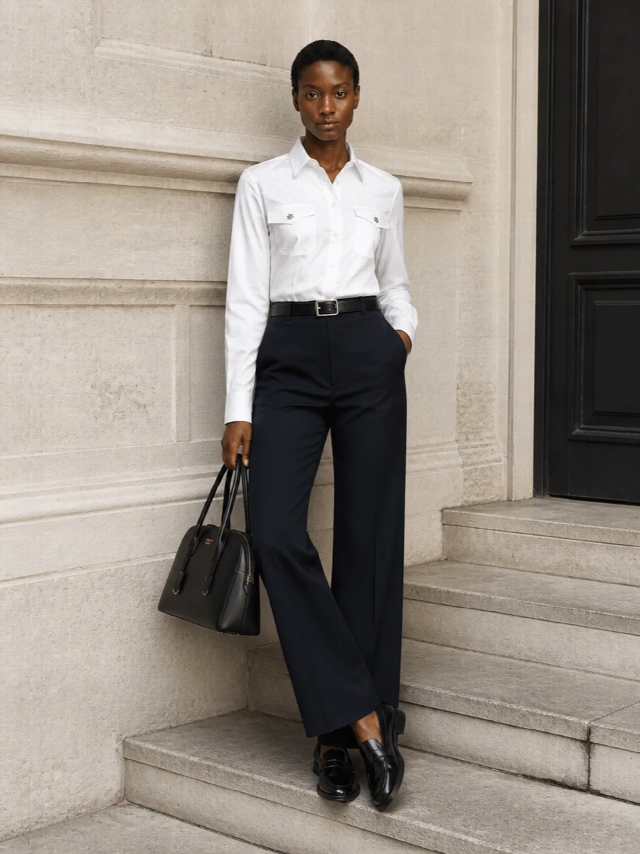 Navy wide leg trousers white shirt outfit