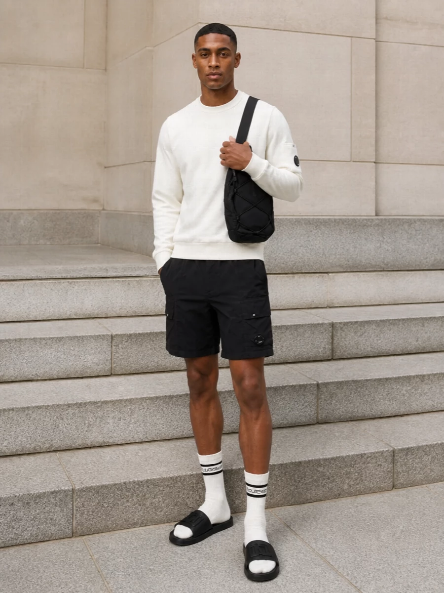 Cp company black swim shorts outfit slides