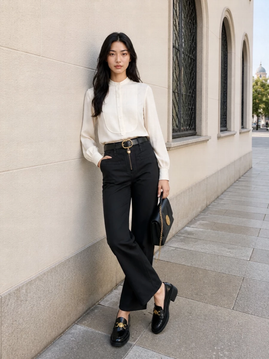 Chloe charcoal trousers ivory blouse outfit