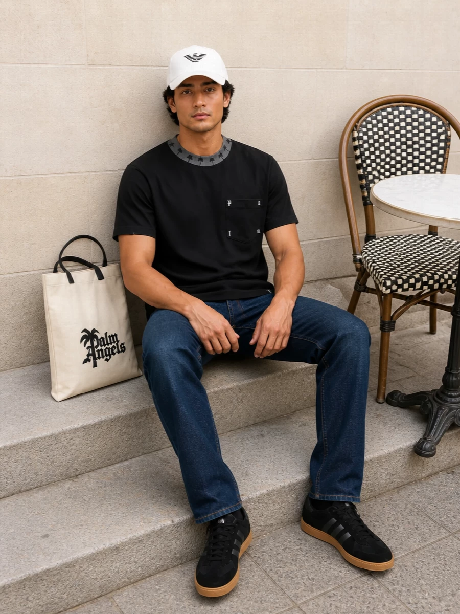 A monochrome streetwear uniform built around sharp branding, this pairing of a black Palm Angels tee with straight dark indigo denim keeps the silhouette clean while the cap handles the sport attitude. Black gum-sole Adidas sneakers tie the dark base together, so the white headwear and graphic tote read as deliberate highlights rather than noise. It feels relaxed and city-ready, with just enough logo energy to stay interesting without going loud.