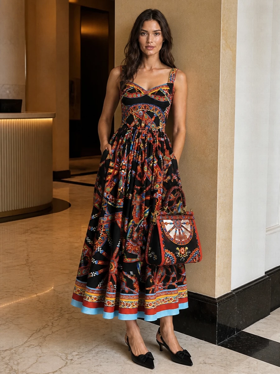 This is pure Dolce & Gabbana romance, the cart-print dress framed by a discreet black slingback and a matching Sicily-print bag for a cohesive, maximal yet controlled moment. The low heel keeps it Riviera-practical while the echoing motifs and gold hardware deliver that unmistakable Sicilian drama for autumn evenings.