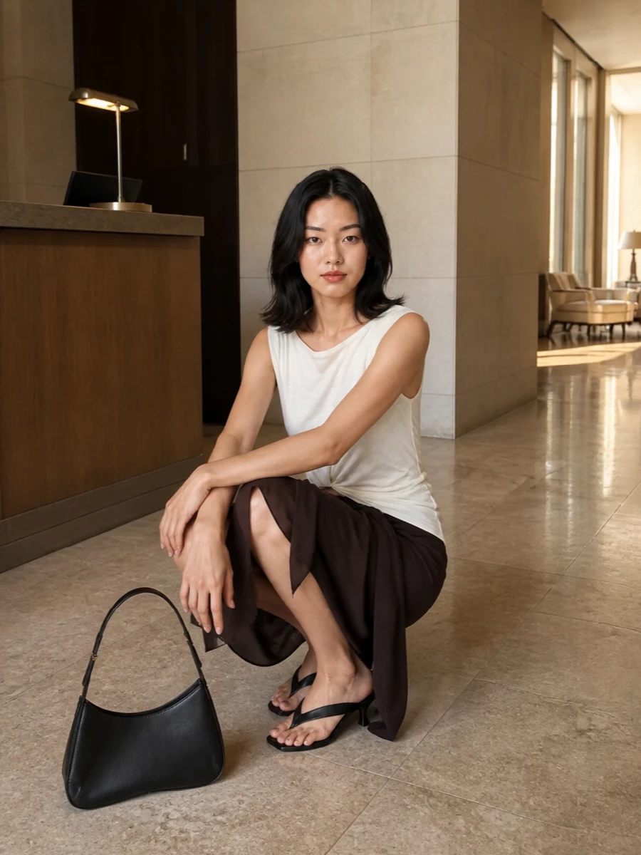 Deep chocolate and soft ivory create a clean, Mediterranean evening palette, with the asymmetric top and skirt echoing each other in fluid drape. The sculpted kitten-heel sandals add just enough height and structure, while the curved shoulder bag keeps everything in the same quiet, romantic register. It is relaxed enough for a late terrace dinner, yet precise in line and texture so it always feels considered.