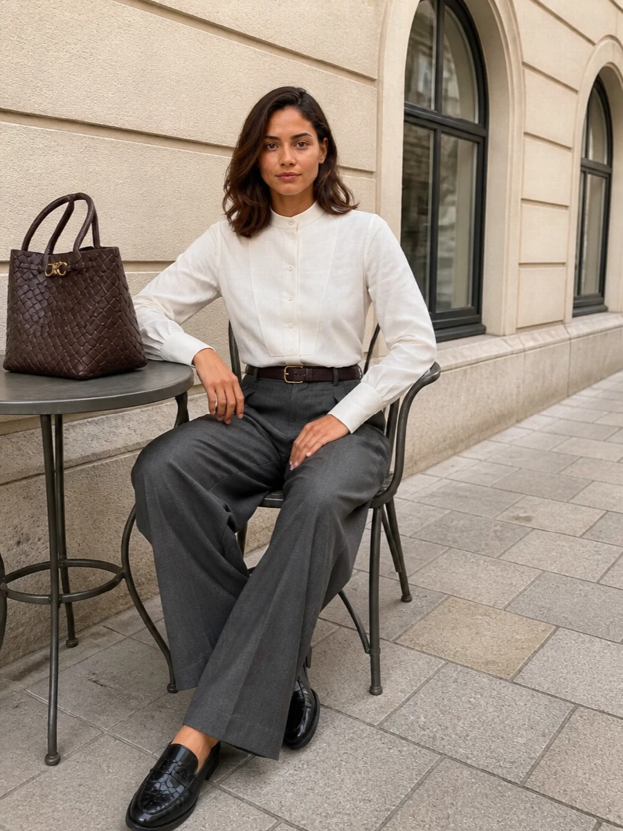 Bottega wide leg trousers ivory shirt outfit