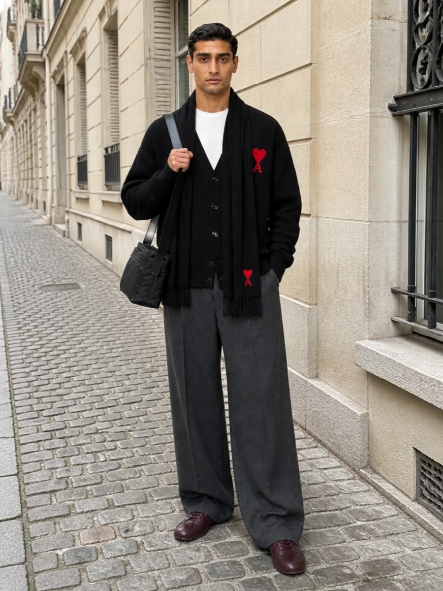 Ami heart cardigan charcoal wide leg trousers