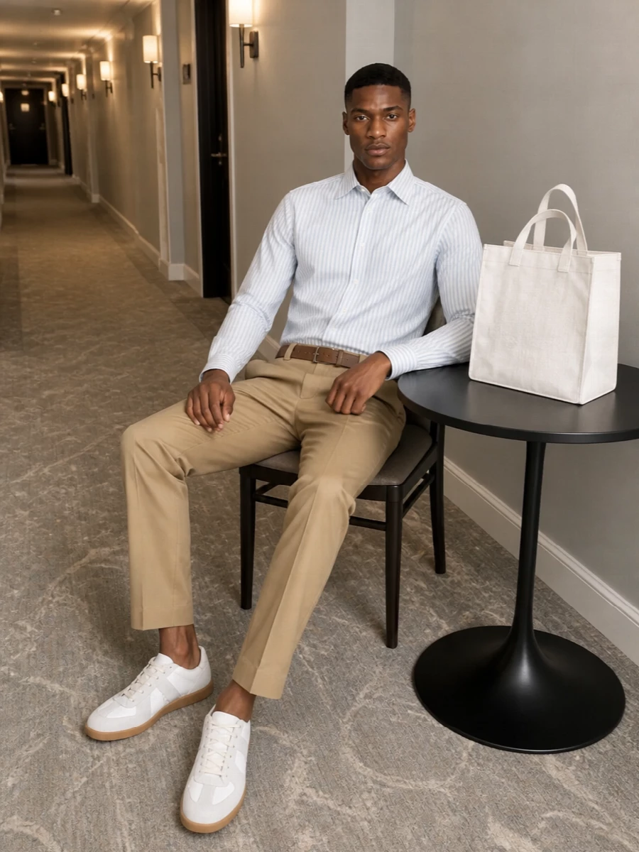 Maison margiela camel trouser striped shirt outfit