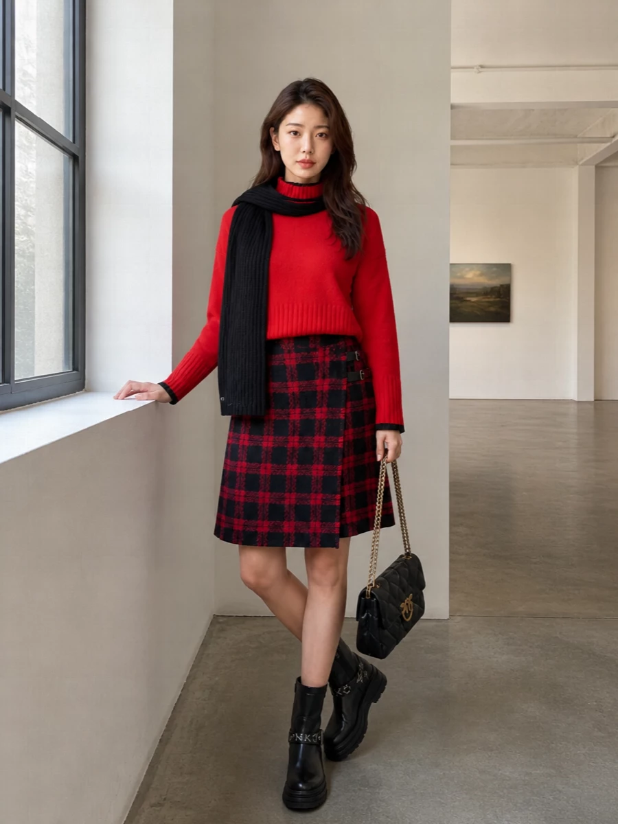 A vivid red mock-neck knit tops a red-and-black tartan wrap skirt for a confident, collegiate take on winter dressing. Chunky black ankle boots and a quilted black shoulder bag streamline the colour story, keeping the bold checks and bright knit feeling intentional rather than loud. The ribbed black scarf ties it together, giving the boxy sweater and A-line skirt a cosy, street-ready finish.