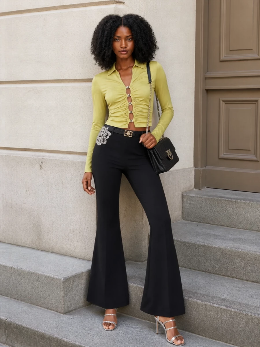 Pinko ruched shirt embellished flared trousers outfit