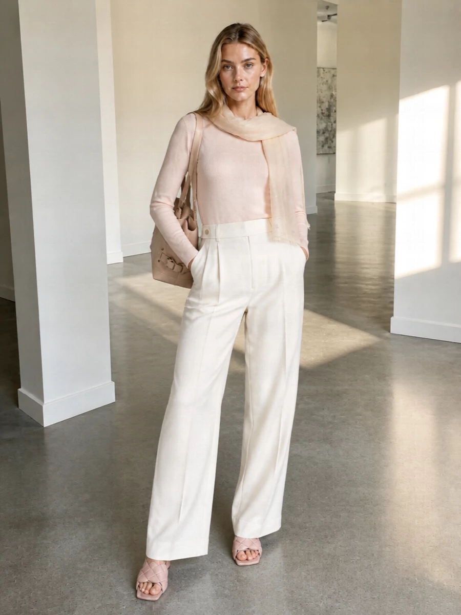 A blush cashmere crew is paired with fluid ivory wide-leg tailoring for a soft, elongated silhouette that feels quietly confident. Sculptural blush mules and a structured nude tote keep the palette tonal and precise, while a sheer butter-beige scarf introduces just enough texture around the face for interest without fuss.