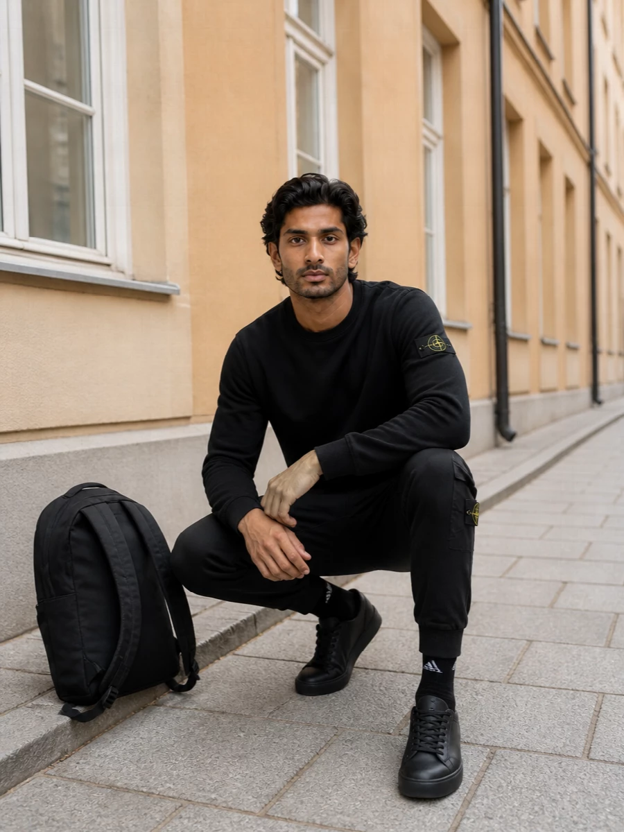 Stone Island’s black crewneck and matching cargo joggers create a tight, logo-driven street set that feels clean rather than loud. All-black technical sneakers and a streamlined backpack keep the energy urban and practical, with quiet logo hits doing the work instead of contrast color.