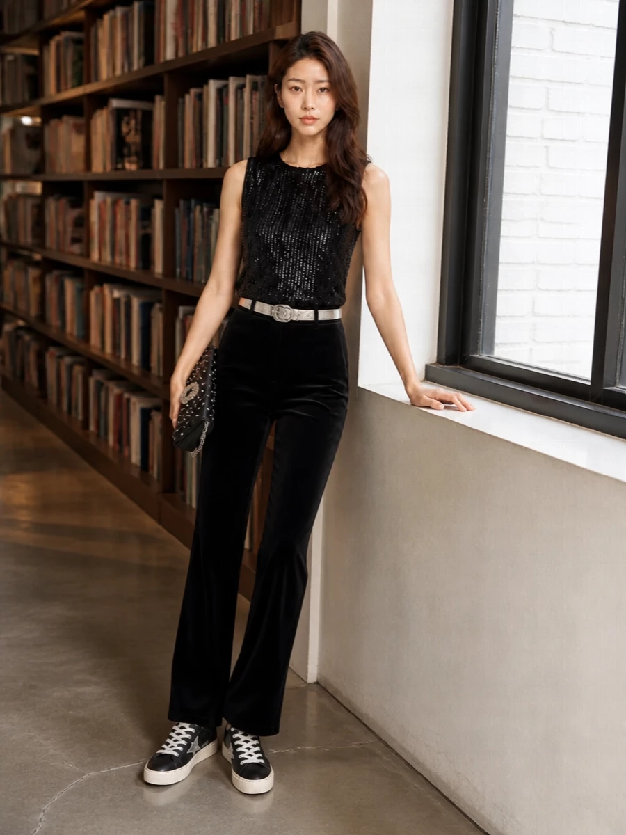 Golden goose sequin top velvet trousers outfit