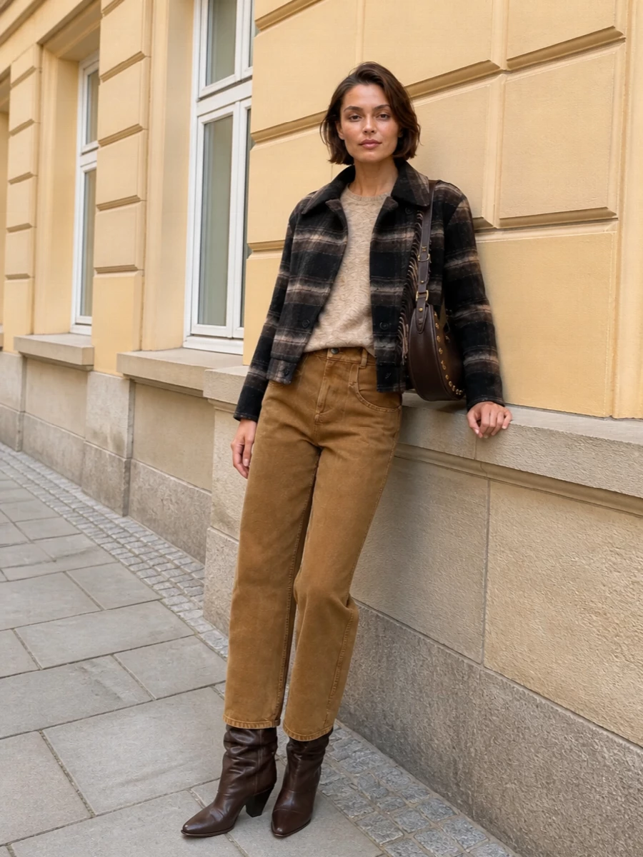 Isabel marant checked jacket camel jeans outfit