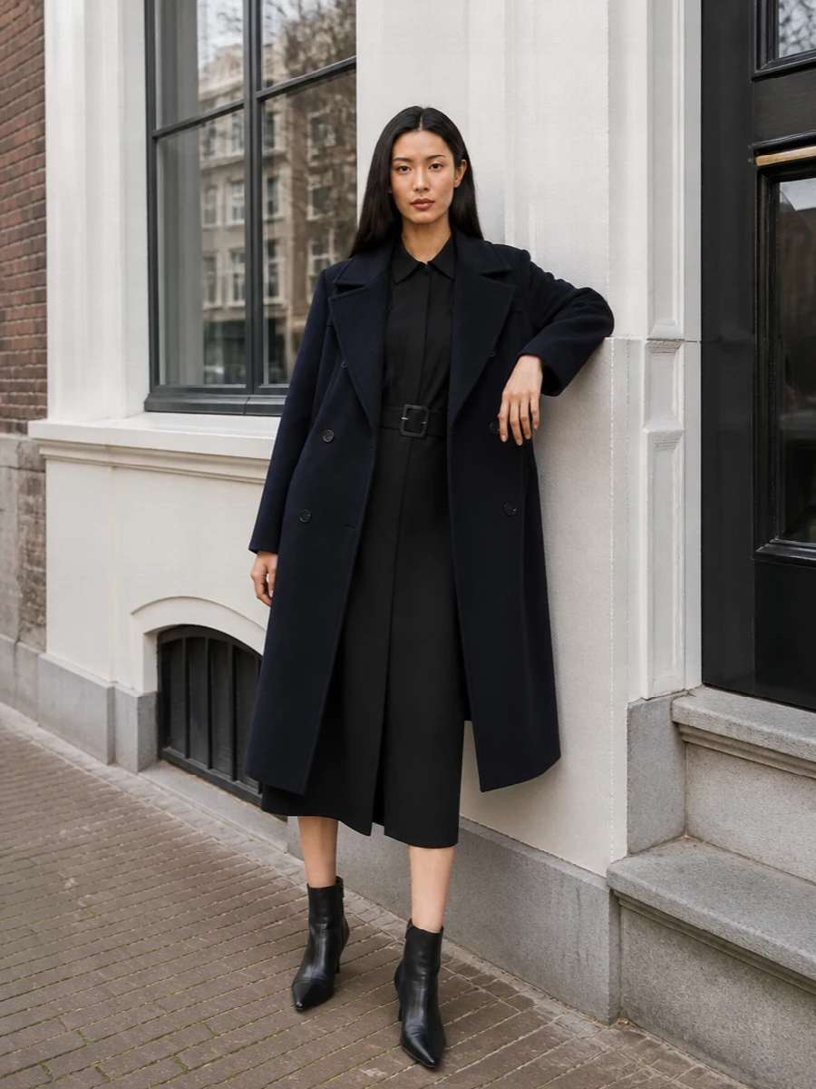 Tagliatore navy coat black shirt dress outfit