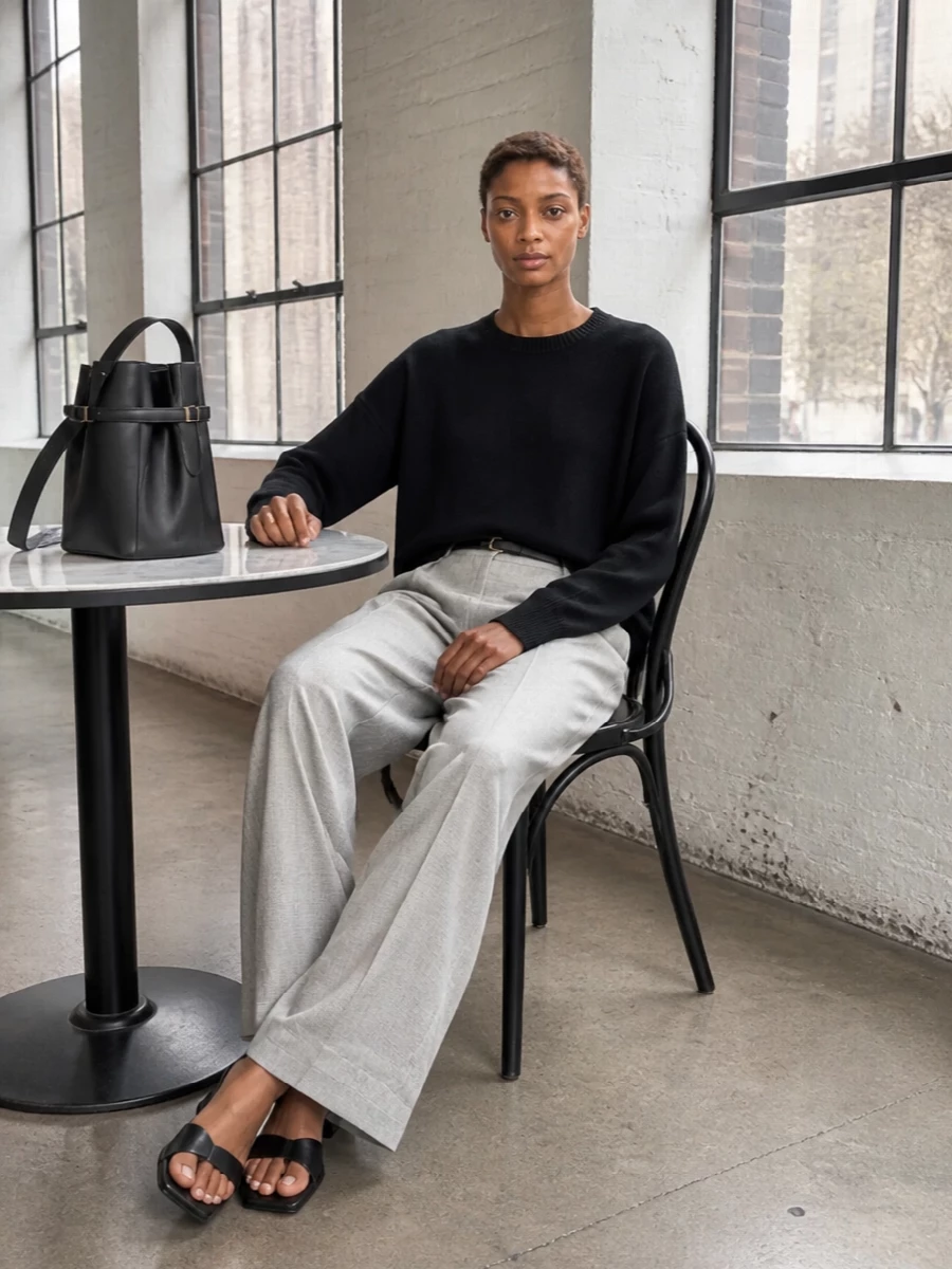 Toteme black sweater stone wide leg trousers outfit