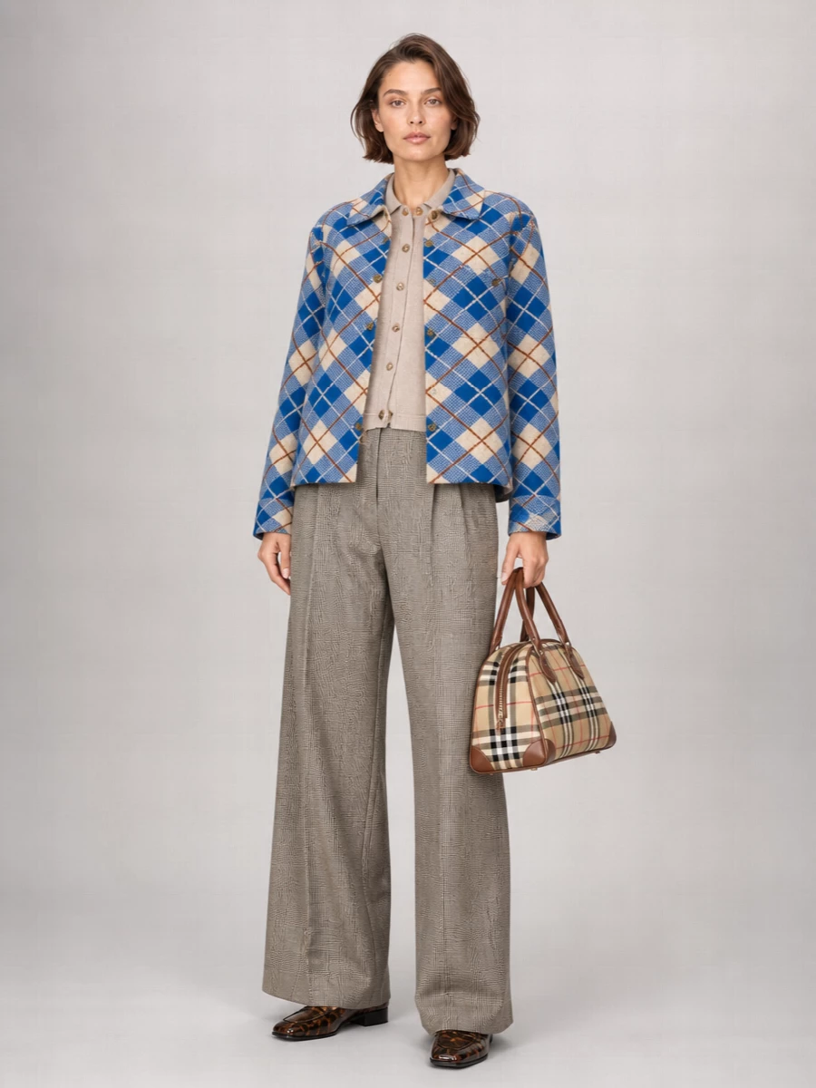 I am building around the jacket with tailored separates rather than a dress, because its bold cobalt argyle already acts as the statement and pairs best with calm, menswear-check trousers. The beige collared knit, taupe wide-leg suiting and glossy tortoiseshell loafer keep the silhouette long and relaxed while staying firmly in a quiet-luxury, collegiate lane. A structured Burberry check satchel finishes the outfit with heritage polish that chimes with the jacket’s preppy nostalgia instead of competing with it.