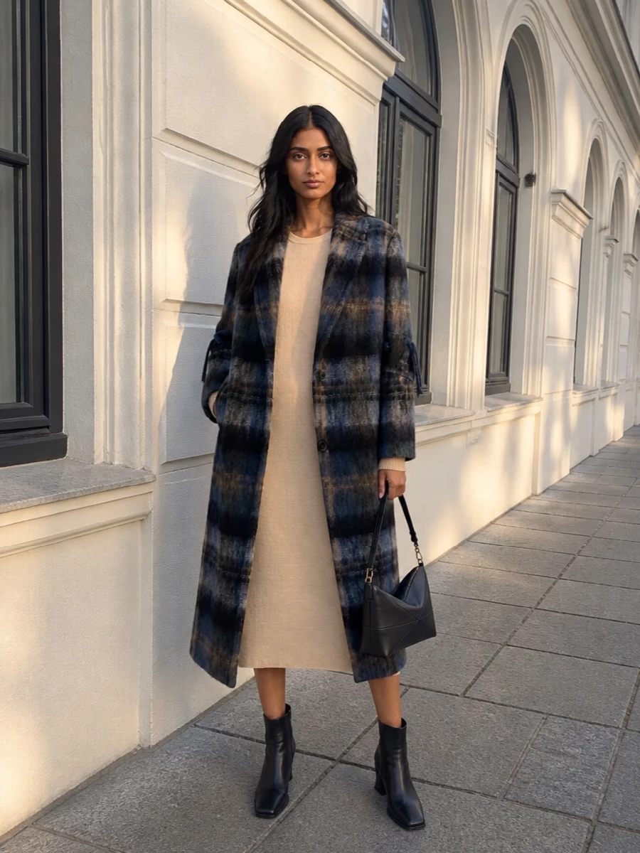 Loewe plaid coat knit dress ankle boots