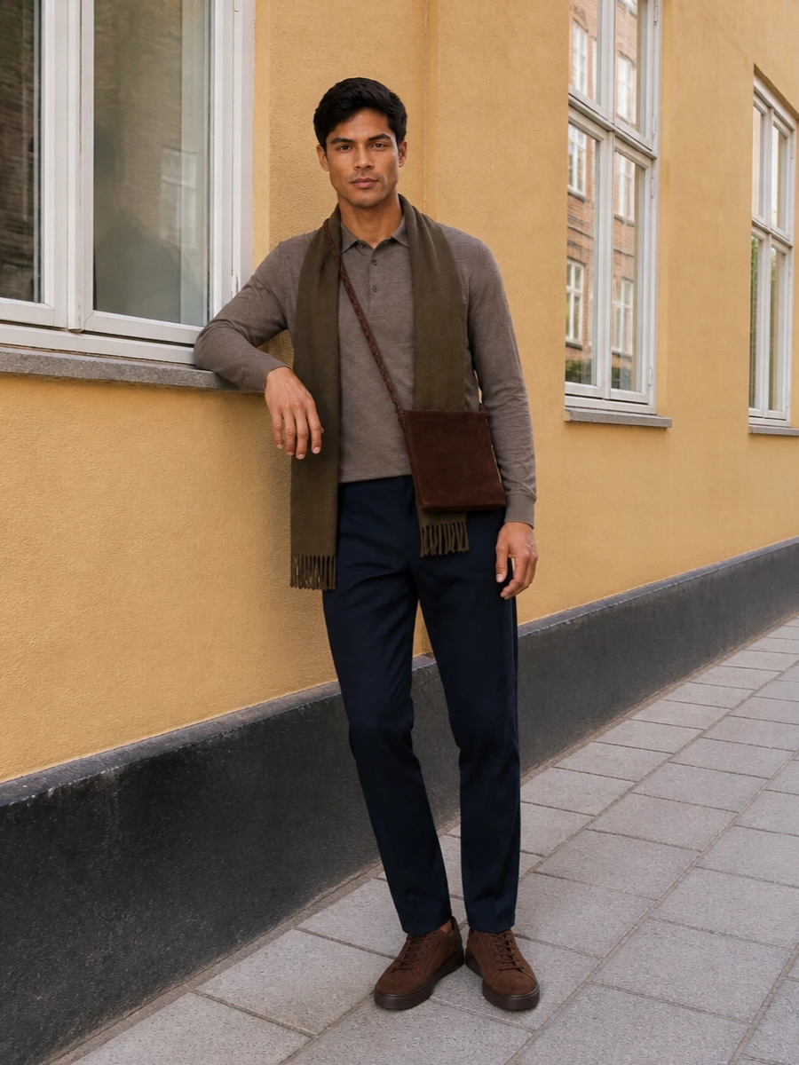 John smedley taupe polo navy trousers outfit