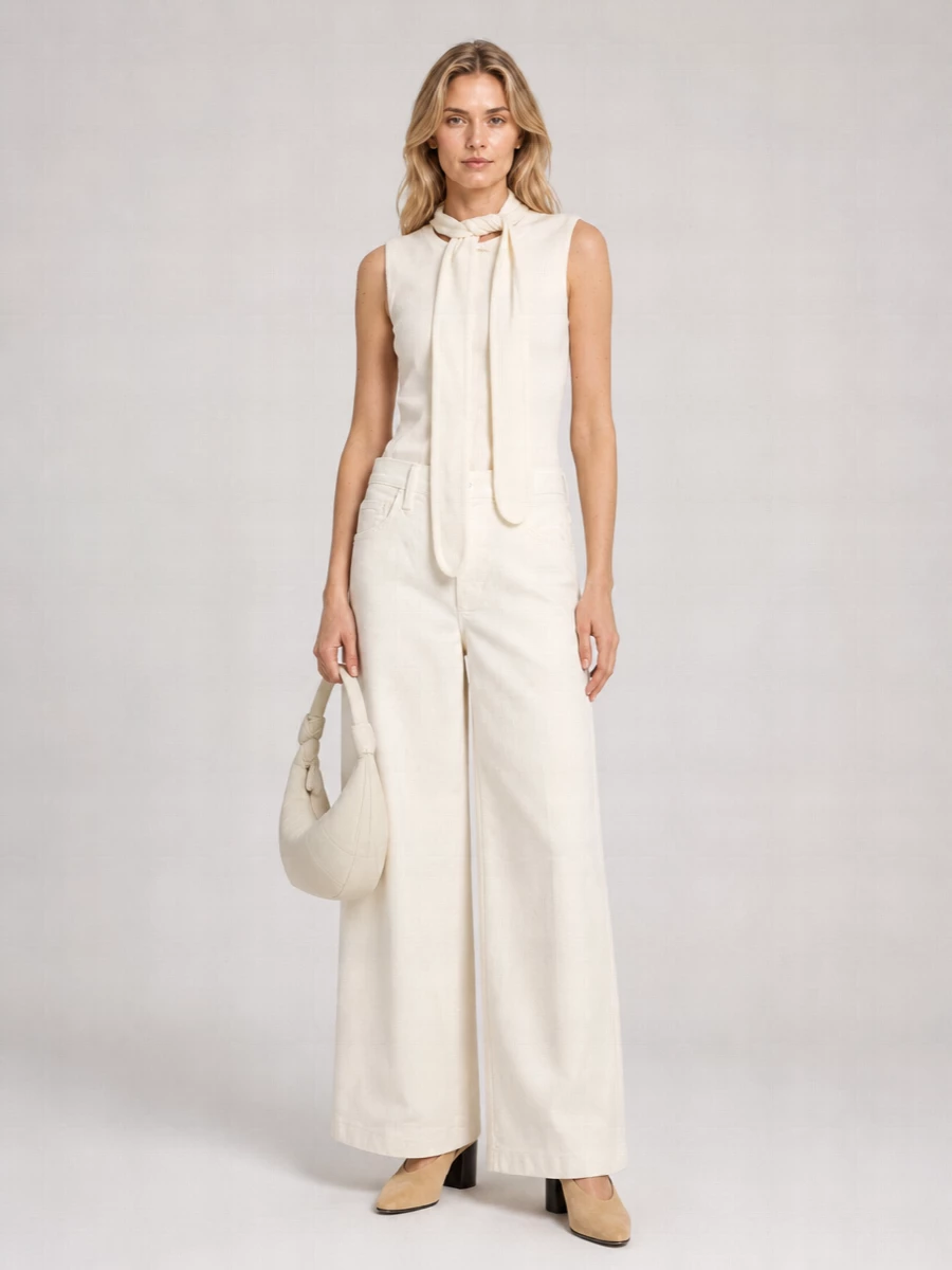 An all-ivory column from slim knit to wide-leg trouser creates a calm, elongated line that feels quietly assured rather than stark. Warm camel suede at the feet and a sculpted crescent bag introduce just enough contrast and texture, keeping the palette soft while preserving the minimalist, intellectual mood. The result is an easy, polished outfit that moves from daytime meetings to low-key dinners without needing a change.
