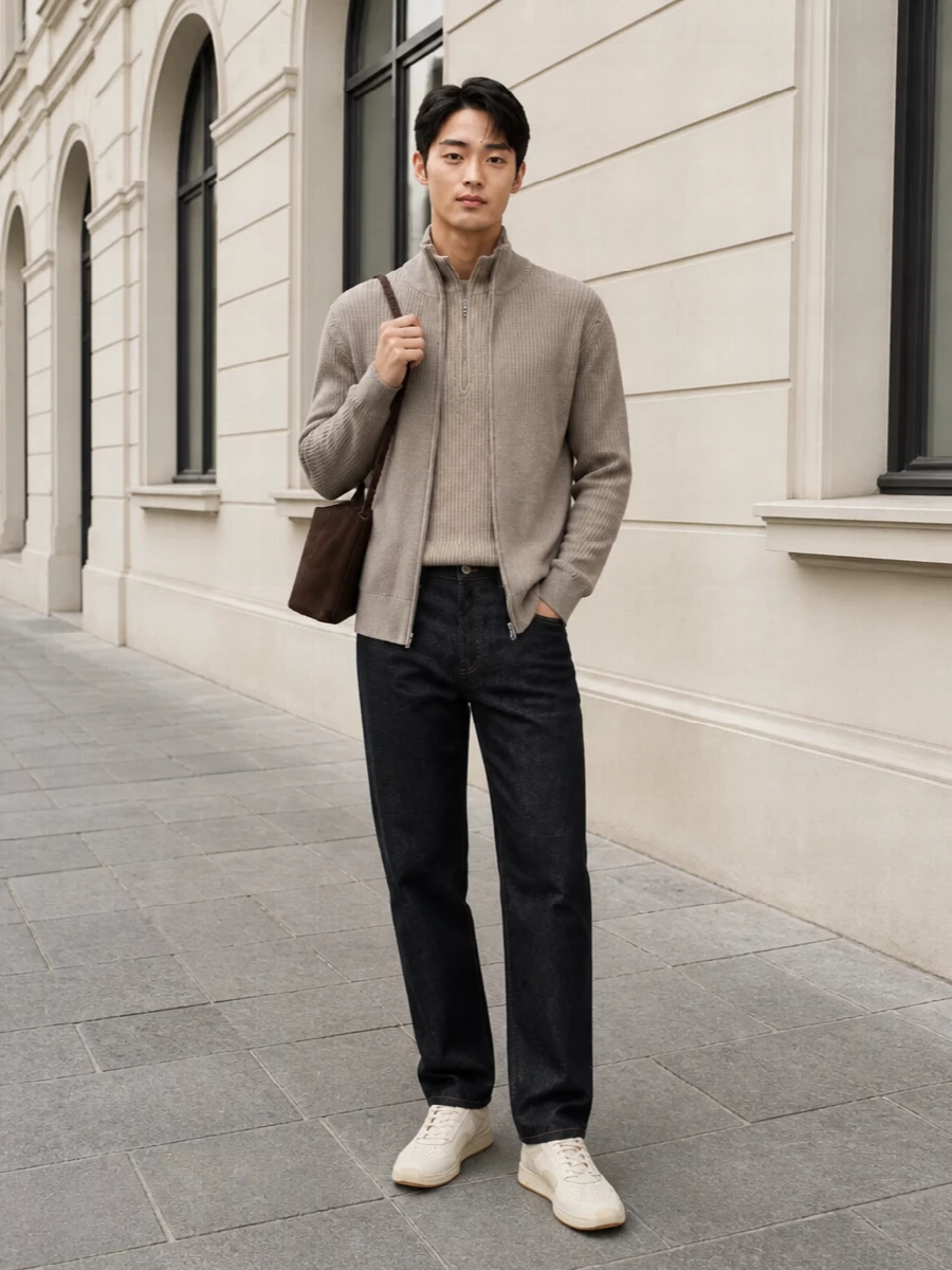 Closed taupe zip sweater apc jeans outfit