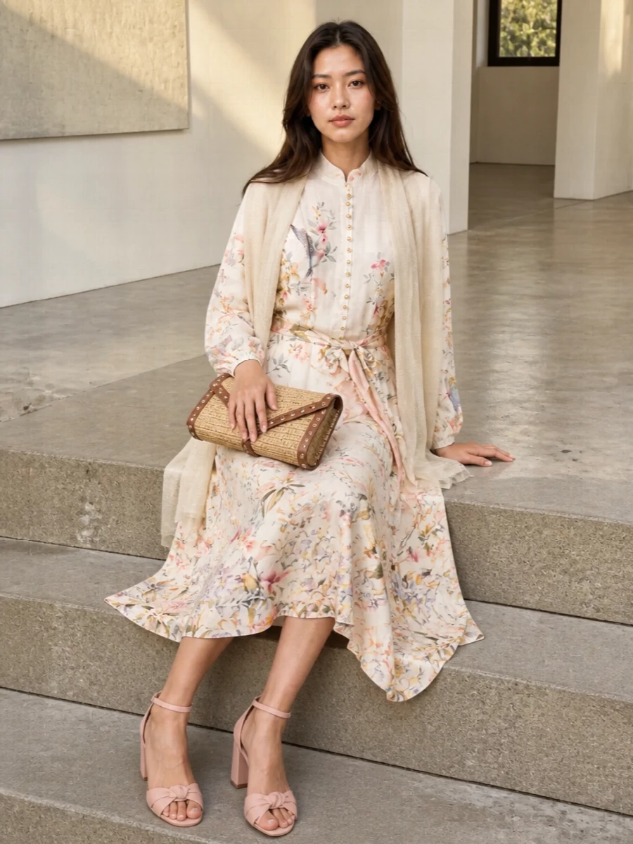 A Zimmermann floral midi meets blush block-heel sandals and a refined raffia clutch for a romantic garden-party ensemble that feels dressed yet softly relaxed. The blush and nude accents pull out the gown’s pastel florals, while the creamy stole keeps the focus on the print and adds just enough ceremony for weddings and elegant outdoor dinners.