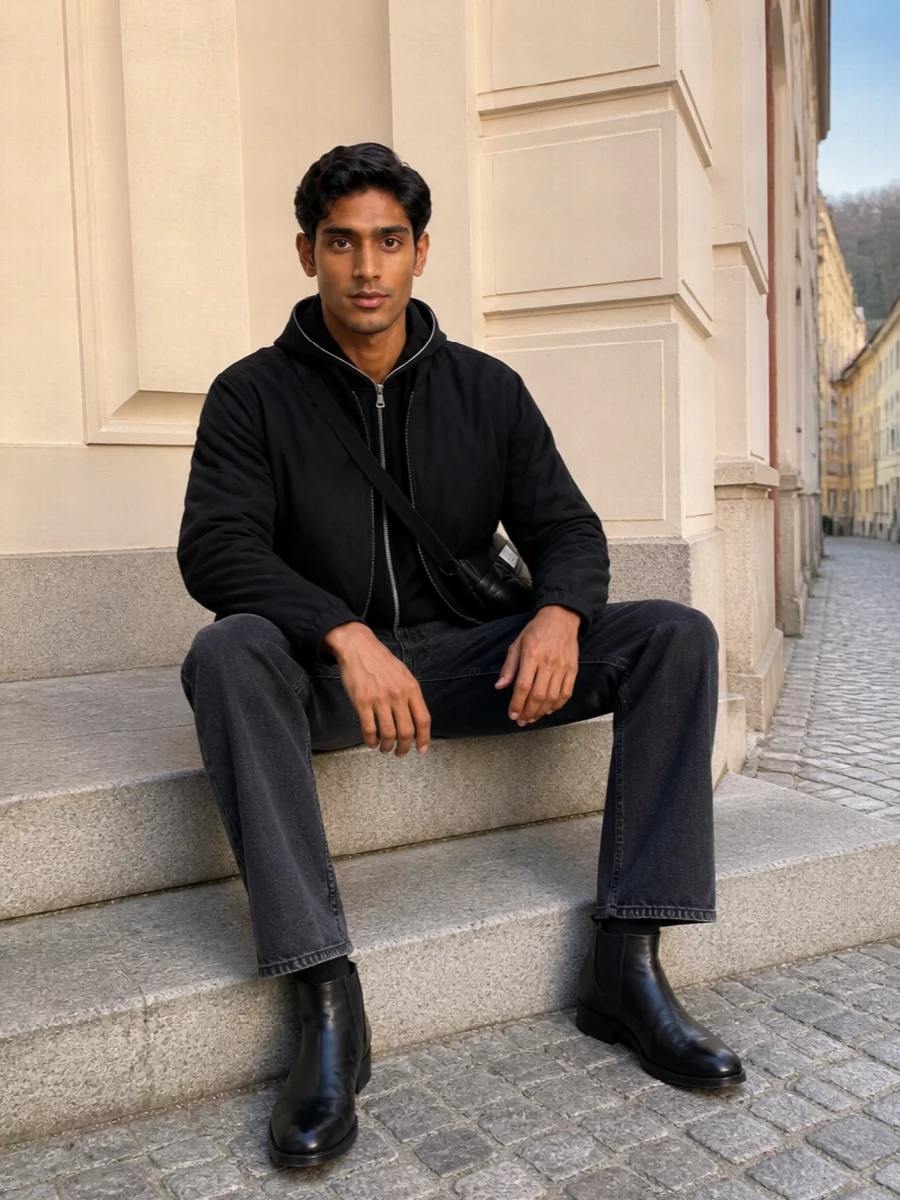 Our legacy black padded jacket washed black jeans