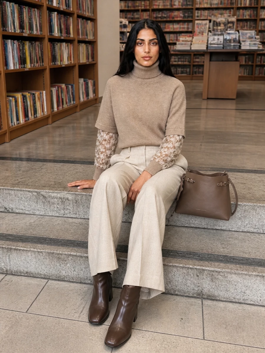 Brunello cucinelli camel turtleneck wide leg trousers