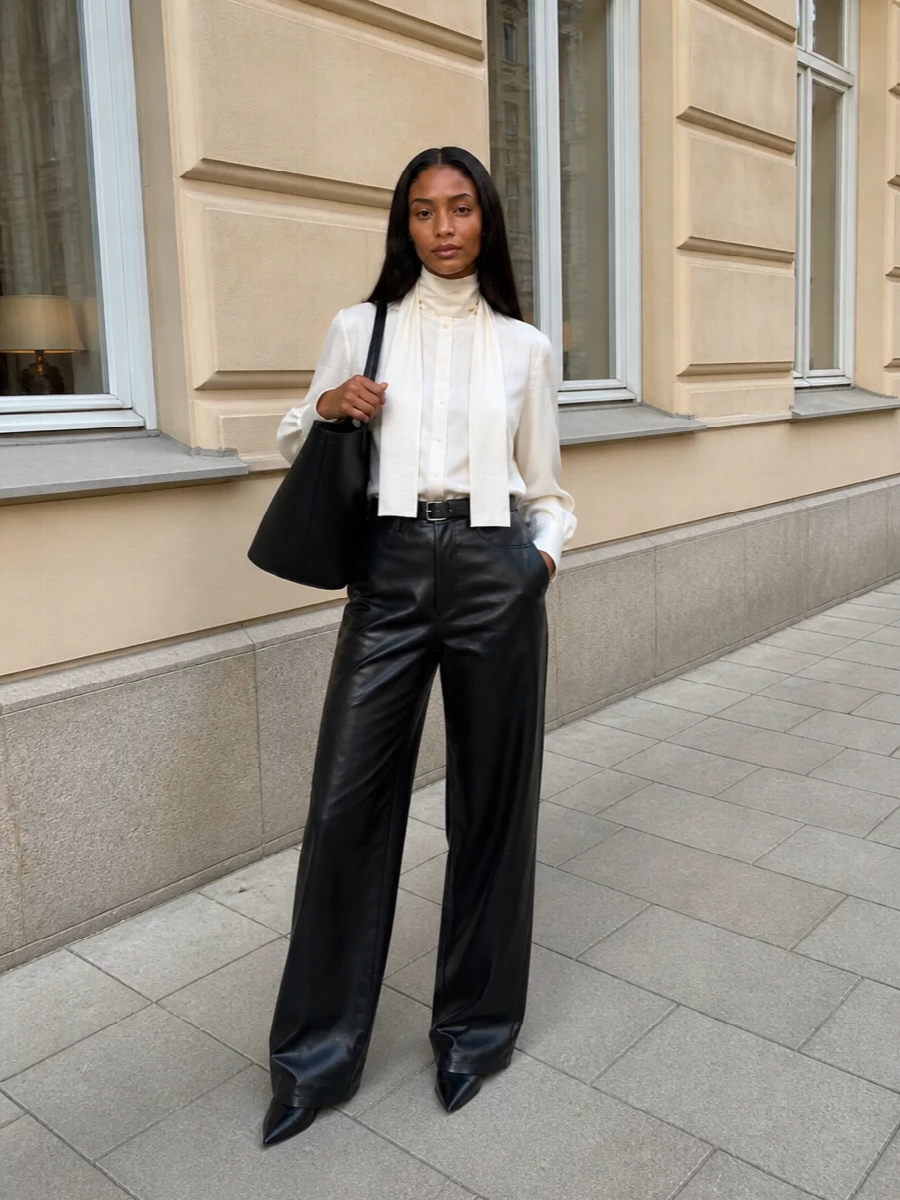 Rohe leather wide leg trousers ivory blouse