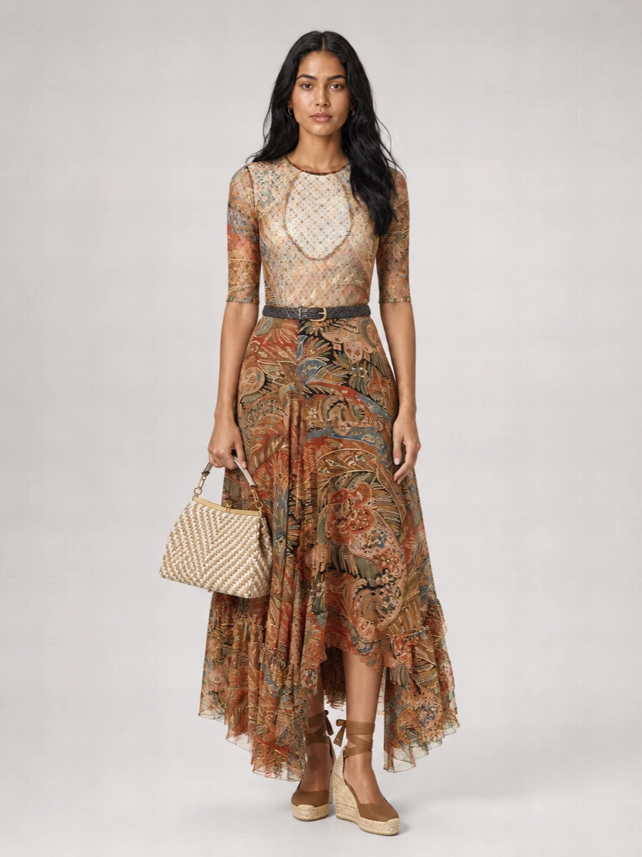 Etro Silk Paisley Printed Ruffled Asymmetric Maxi Skirt