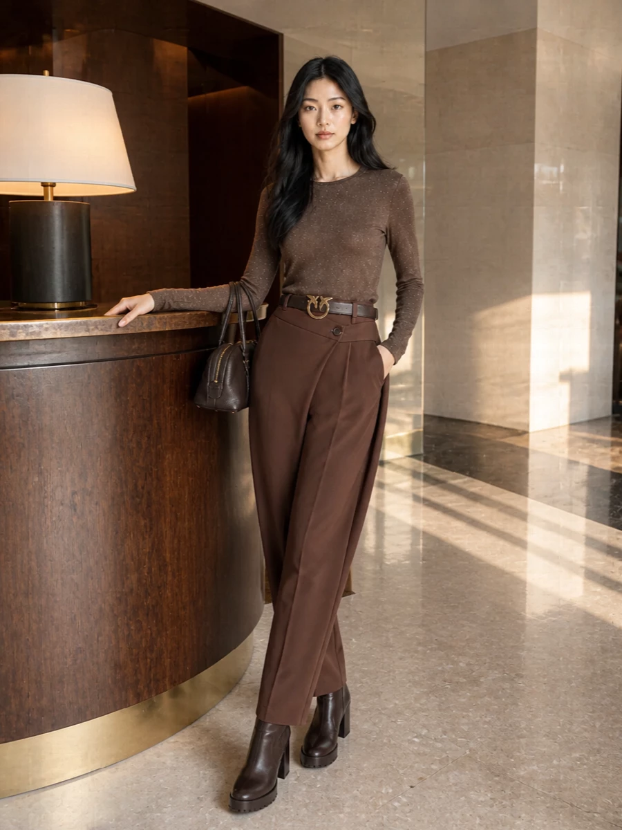 Pinko brown knit wrap trousers ankle boots